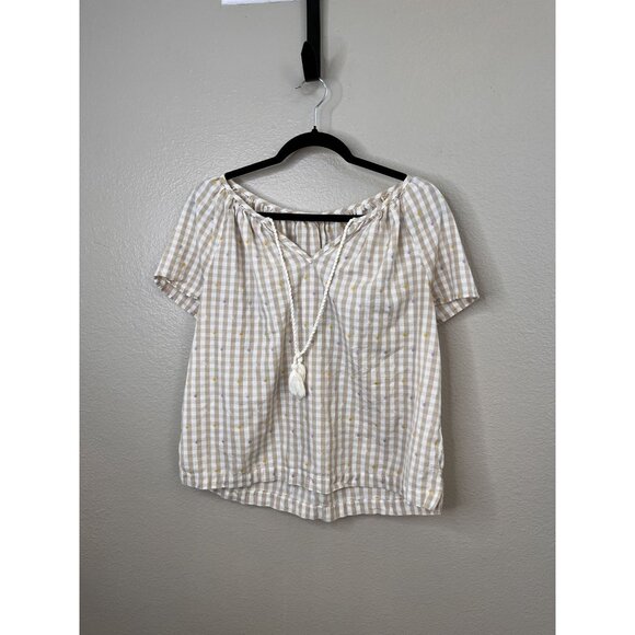 Lucky Brand Beige Gingham Cotton Peasant Top M Short Sleeves 100% Cotton - Picture 1 of 7